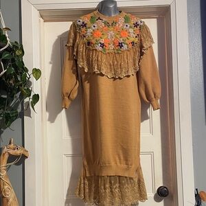 jolly vintage Floral Embroidered Mustard Dress with Lace Details